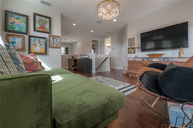 8927 Key W Island Way, Riverview, FL 33578 - living room with baseboards, wood finished floors, recessed lighting, a chandelier, and attic access