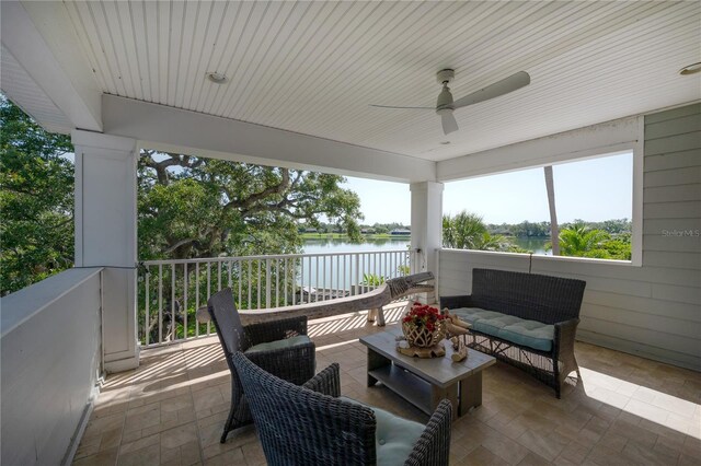 8927 Key W Island Way, Riverview, FL 33578 - view of patio featuring a water view, an outdoor hangout area, and a ceiling fan