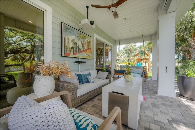 8927 Key W Island Way, Riverview, FL 33578 - view of patio / terrace with an outdoor living space, a ceiling fan, and a playground