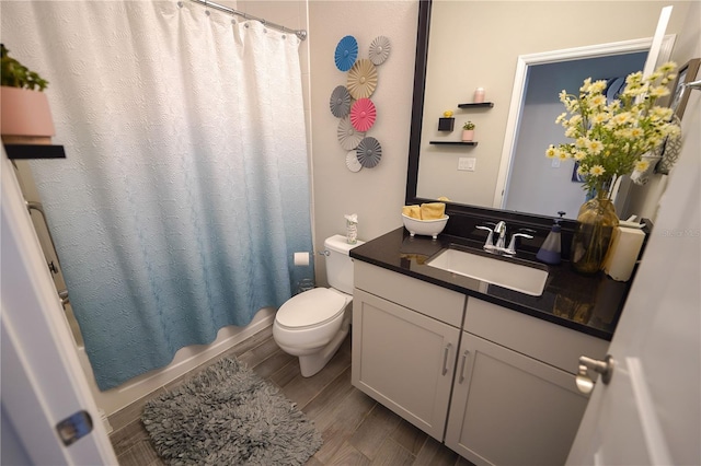 13103 Monach Isles Dr, Riverview, FL 33579 - full bathroom featuring toilet, vanity, shower / bathtub combination with curtain, and wood finished floors