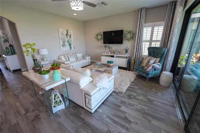 13103 Monach Isles Dr, Riverview, FL 33579 - living room with a ceiling fan, dark wood-style flooring, and recessed lighting