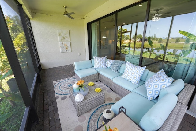 13103 Monach Isles Dr, Riverview, FL 33579 - sunroom / solarium featuring a ceiling fan, an outdoor living space, and a water view
