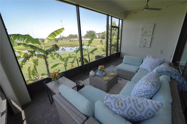 13103 Monach Isles Dr, Riverview, FL 33579 - sunroom / solarium with a water view, outdoor lounge area, and ceiling fan