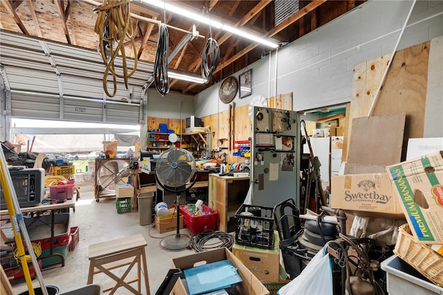 garage with a workshop area