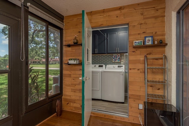 1065 Tartan Dr Unit C, Palm Harbor, FL 34684 - laundry area with washer and dryer, wood walls, cabinet space, wood finished floors, and healthy amount of natural light