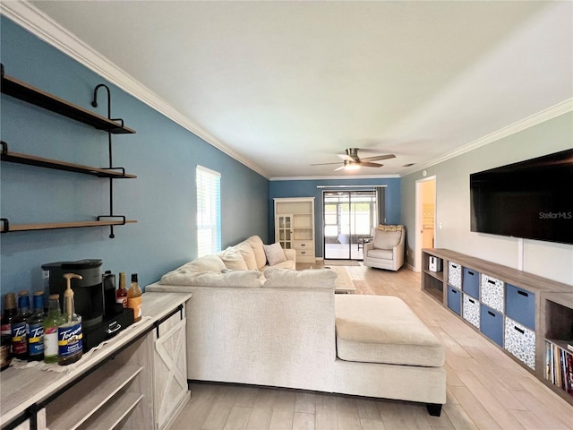 7360 Ulmerton Rd Unit 16A, Largo, FL 33771 - living area with light wood-style floors, ornamental molding, and a ceiling fan