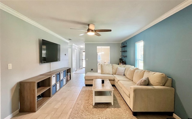 7360 Ulmerton Rd Unit 16A, Largo, FL 33771 - living room featuring light wood-style floors, ornamental molding, a ceiling fan, and baseboards