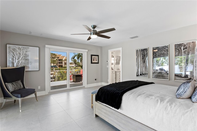 2817 Seabreeze Dr S, Gulfport, FL 33707 - bedroom featuring access to outside, baseboards, a ceiling fan, ensuite bathroom, and light tile patterned floors