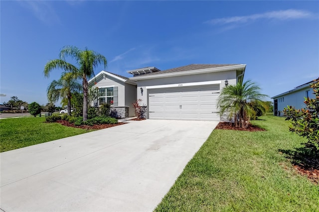 ranch-style home featuring an attached garage, driveway, stucco siding, and a front lawn