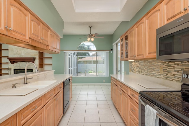 627 Belted Kingfisher Dr N, Palm Harbor, FL 34683 - kitchen featuring appliances with stainless steel finishes, a sink, a ceiling fan, baseboards, and light countertops