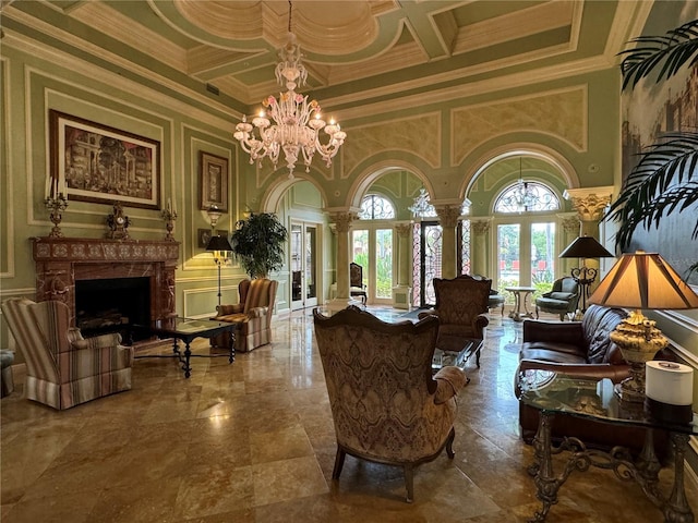 2724 Via Murano Unit 615, Clearwater, FL 33764 - community lobby featuring crown molding, coffered ceiling, a high ceiling, and beam ceiling