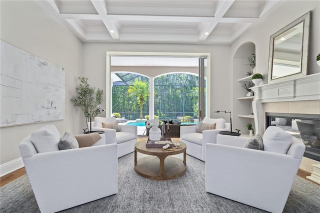 4512 Cheval Blvd, Lutz, FL 33558 - living area with coffered ceiling, beam ceiling, wood finished floors, ornamental molding, and baseboards