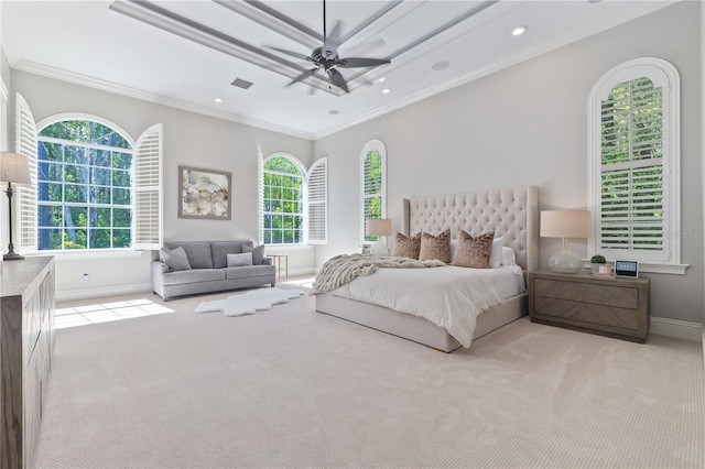 4512 Cheval Blvd, Lutz, FL 33558 - carpeted bedroom with baseboards, ornamental molding, recessed lighting, and a ceiling fan