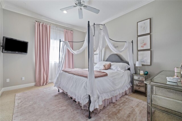 4512 Cheval Blvd, Lutz, FL 33558 - bedroom with ornamental molding, light carpet, baseboards, and ceiling fan