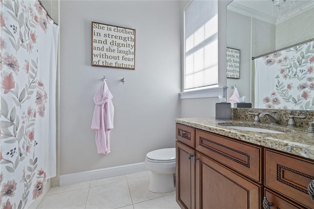 4512 Cheval Blvd, Lutz, FL 33558 - full bathroom featuring toilet, vanity, tile patterned flooring, baseboards, and a shower with shower curtain