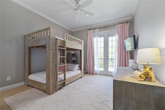 4512 Cheval Blvd, Lutz, FL 33558 - bedroom featuring french doors, carpet, access to exterior, ornamental molding, and baseboards