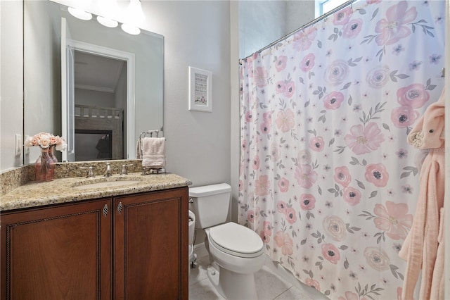4512 Cheval Blvd, Lutz, FL 33558 - full bathroom featuring toilet, ornamental molding, vanity, tile patterned flooring, and a shower with shower curtain