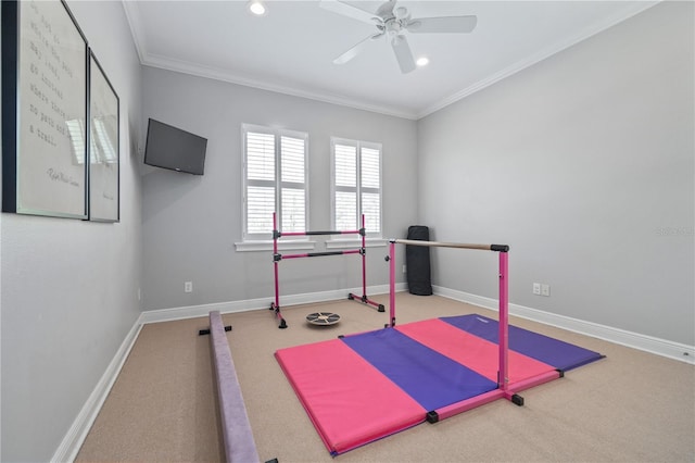 4512 Cheval Blvd, Lutz, FL 33558 - exercise area featuring ornamental molding, a ceiling fan, carpet floors, baseboards, and recessed lighting