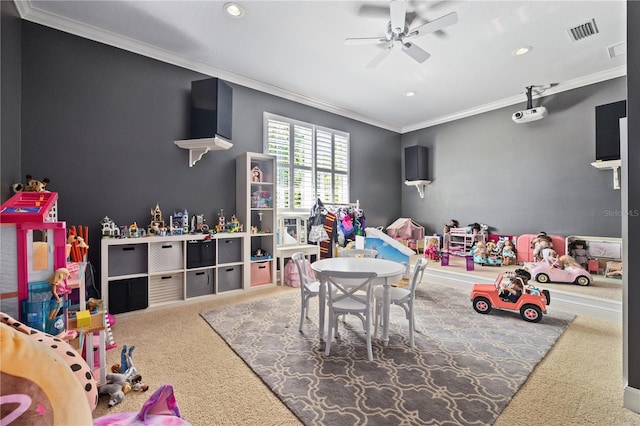 4512 Cheval Blvd, Lutz, FL 33558 - game room featuring crown molding, carpet floors, a ceiling fan, and recessed lighting
