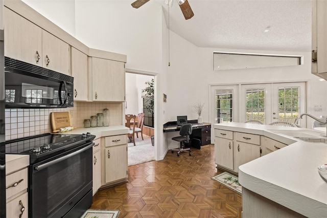 5434 Wellfield Rd, New Port Richey, FL 34655 - kitchen featuring black appliances, light countertops, high vaulted ceiling, a sink, and a ceiling fan