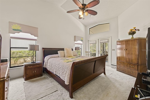 5434 Wellfield Rd, New Port Richey, FL 34655 - bedroom featuring french doors, light colored carpet, access to exterior, vaulted ceiling, and ceiling fan