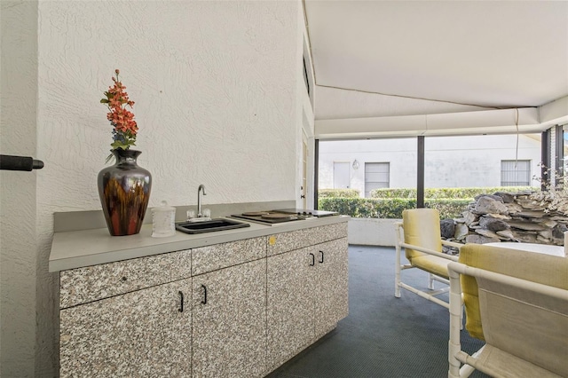 5434 Wellfield Rd, New Port Richey, FL 34655 - bar with a textured wall, a sink, dark carpet, and electric cooktop