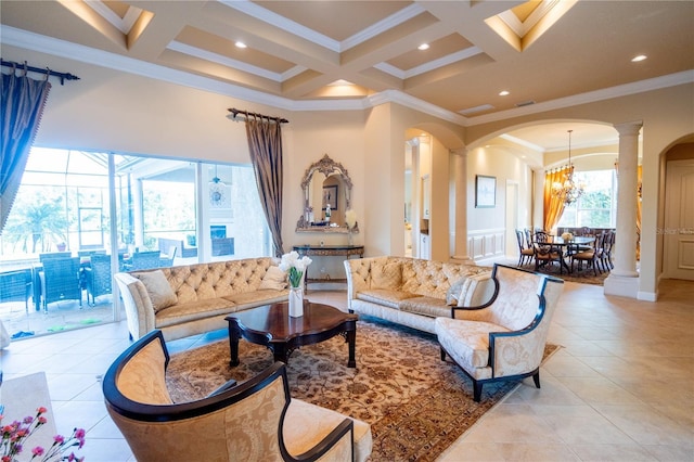 15101 Kestrelglen Way, Lithia, FL 33547 - living area featuring decorative columns, arched walkways, ornamental molding, light tile patterned flooring, and coffered ceiling