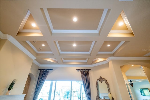 15101 Kestrelglen Way, Lithia, FL 33547 - detailed view of crown molding, coffered ceiling, arched walkways, beamed ceiling, and recessed lighting