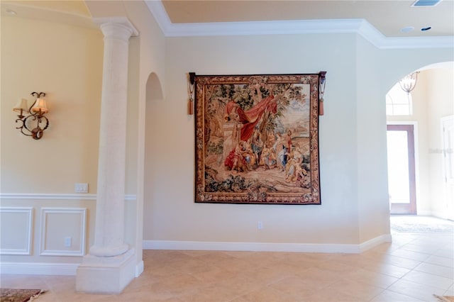 15101 Kestrelglen Way, Lithia, FL 33547 - corridor with arched walkways, ornamental molding, plenty of natural light, and light tile patterned flooring