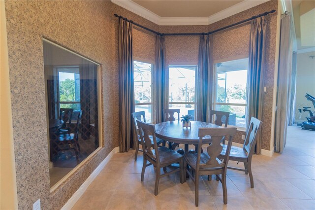 15101 Kestrelglen Way, Lithia, FL 33547 - dining area featuring crown molding, wallpapered walls, light tile patterned floors, and healthy amount of natural light