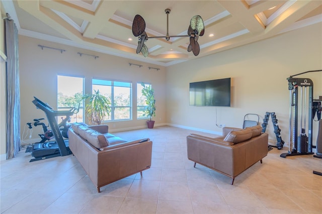 15101 Kestrelglen Way, Lithia, FL 33547 - living room featuring coffered ceiling, beamed ceiling, light tile patterned floors, crown molding, and baseboards