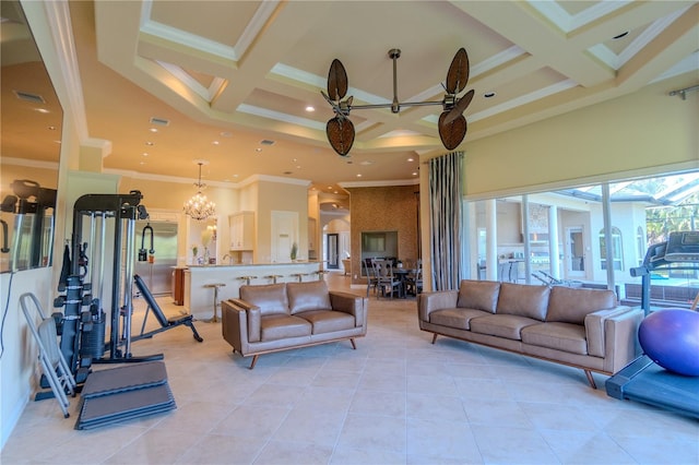 15101 Kestrelglen Way, Lithia, FL 33547 - living room with a high ceiling, coffered ceiling, light tile patterned flooring, beamed ceiling, and a chandelier