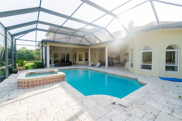 15101 Kestrelglen Way, Lithia, FL 33547 - view of swimming pool with a patio area, ceiling fan, a pool with connected hot tub, and a lanai