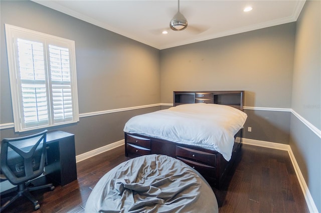 15101 Kestrelglen Way, Lithia, FL 33547 - bedroom with dark wood-style floors, ornamental molding, baseboards, and recessed lighting