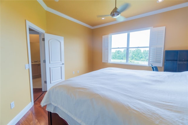 15101 Kestrelglen Way, Lithia, FL 33547 - bedroom featuring crown molding, wood finished floors, baseboards, recessed lighting, and ceiling fan