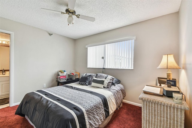 bedroom featuring carpet, ensuite bathroom, ceiling fan, a textured ceiling, and baseboards