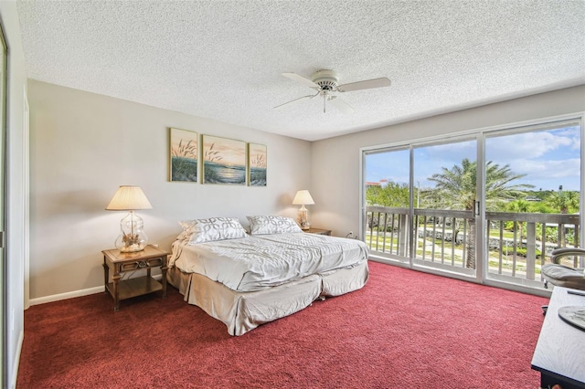 bedroom with access to outside, carpet, a textured ceiling, and a ceiling fan