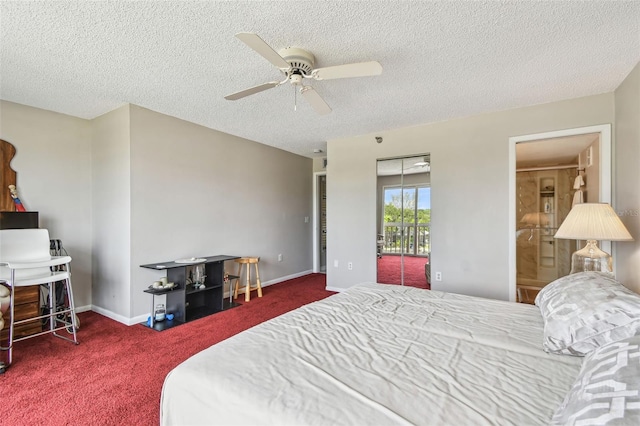 carpeted bedroom featuring a textured ceiling, a ceiling fan, and baseboards