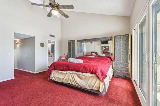 carpeted bedroom with baseboards, connected bathroom, high vaulted ceiling, and ceiling fan