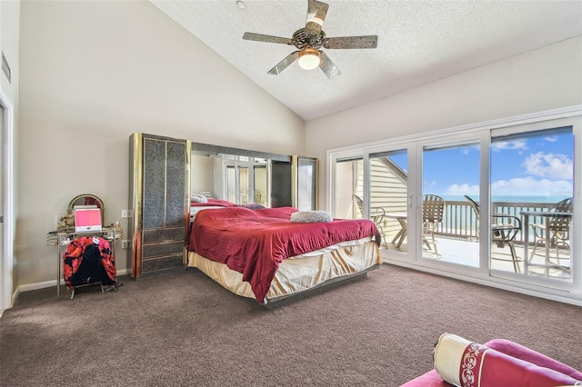 carpeted bedroom with access to exterior, a textured ceiling, high vaulted ceiling, and ceiling fan