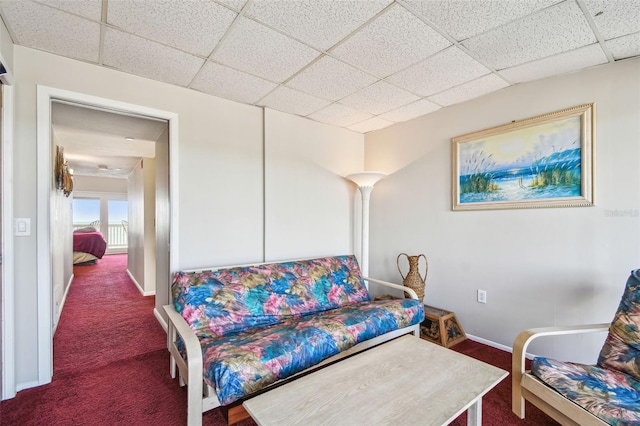 living area with carpet, a drop ceiling, and baseboards