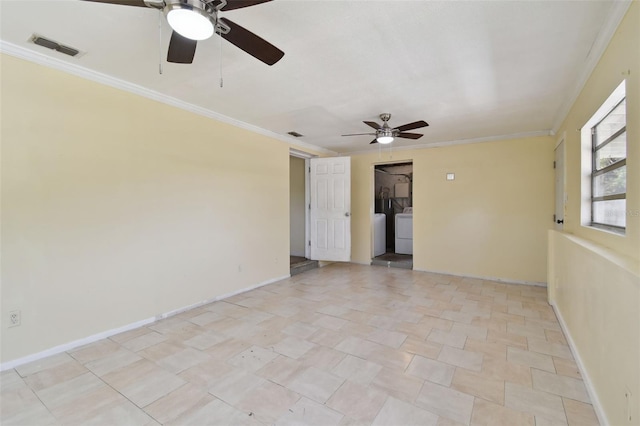 1810 77th Ave N, Saint Petersburg, FL 33702 - empty room with washer and dryer, a ceiling fan, baseboards, and crown molding