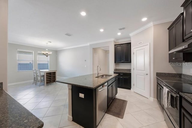 kitchen with a sink, black electric range oven, stainless steel dishwasher, under cabinet range hood, and dark stone counters