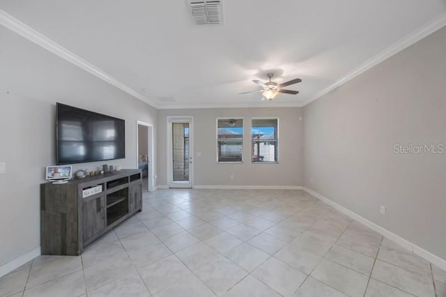 unfurnished living room featuring crown molding, ceiling fan, light tile patterned floors, and baseboards