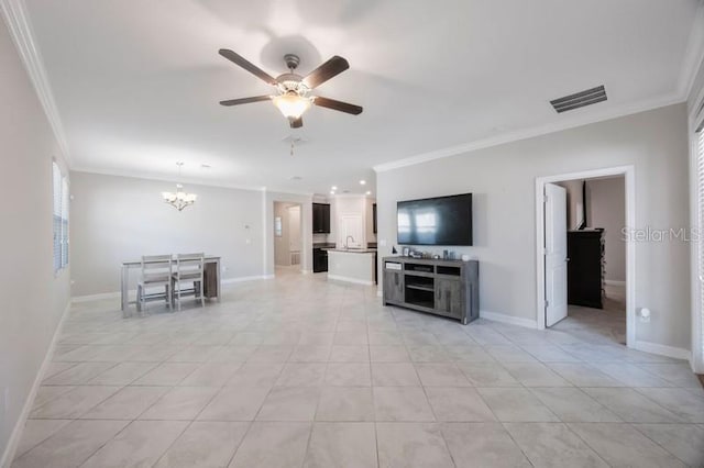living area with crown molding, ceiling fan, a chandelier, light tile patterned floors, and baseboards