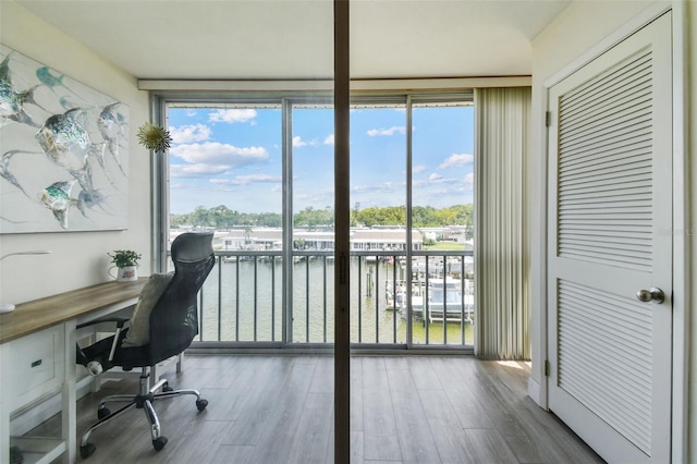1 Boca Ciega Point Blvd Unit 310, Saint Petersburg, FL 33708 - office area featuring a water view, a wall of windows, plenty of natural light, and wood finished floors