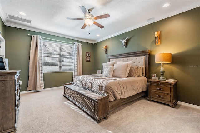 bedroom featuring light carpet, ornamental molding, baseboards, ceiling fan, and recessed lighting
