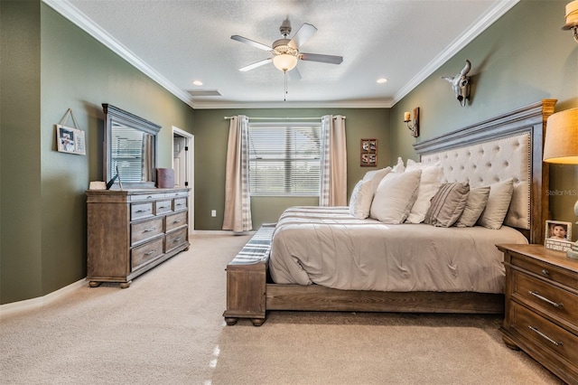 bedroom with light colored carpet, crown molding, baseboards, ceiling fan, and recessed lighting