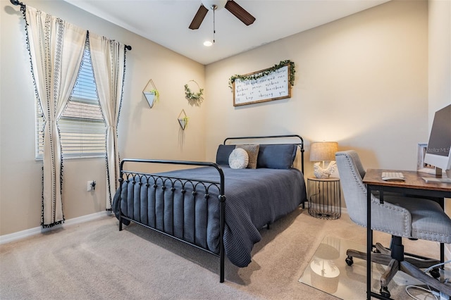 carpeted bedroom featuring baseboards, a ceiling fan, and recessed lighting