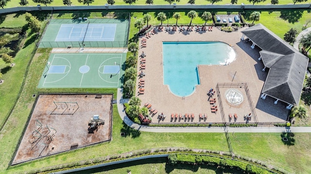 aerial view of a pool